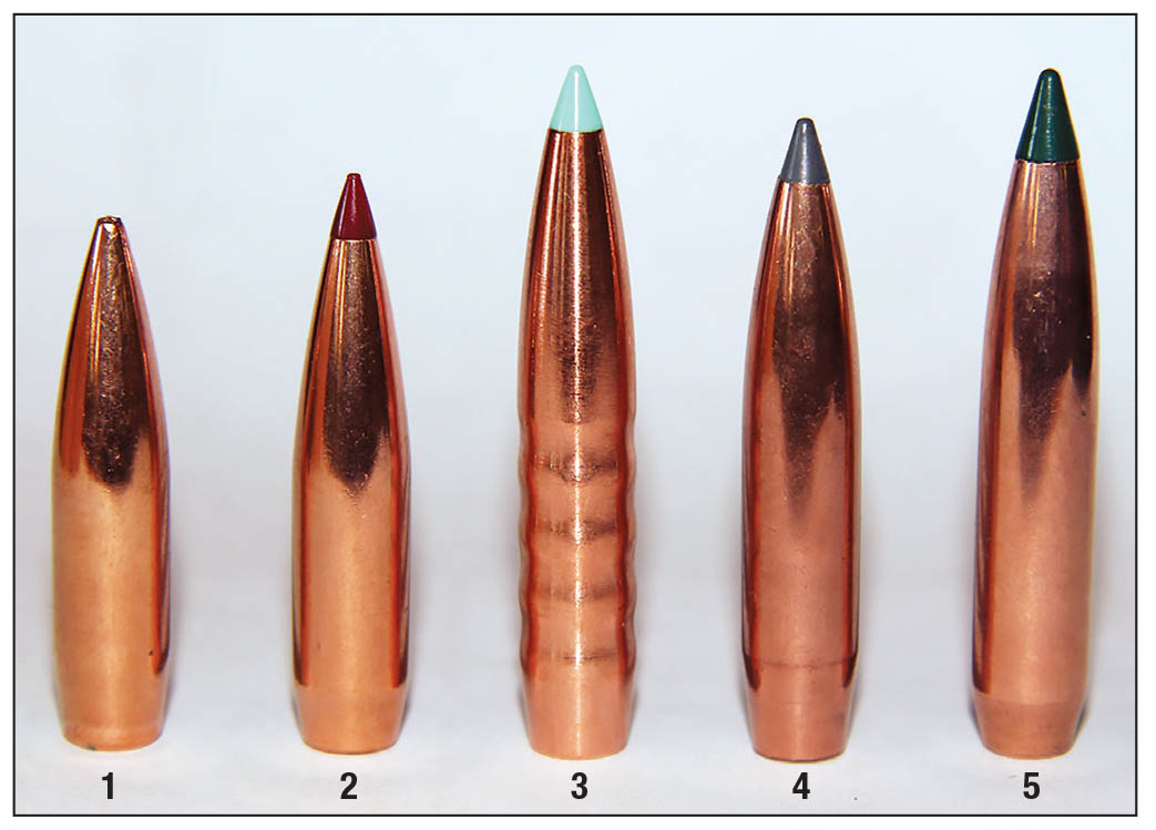 Bullets used to test the 6.8 Western included: (1) Berger’s 140-grain VLD Hunter, (2) Hornady’s 145-grain ELD-X, (3) Hammer Bullets’ 160-grain Hammer HHT, (4) Nosler’s 165-grain Long Range (LR) AccuBond and (5) Sierra’s 175-grain Tipped GameKing.